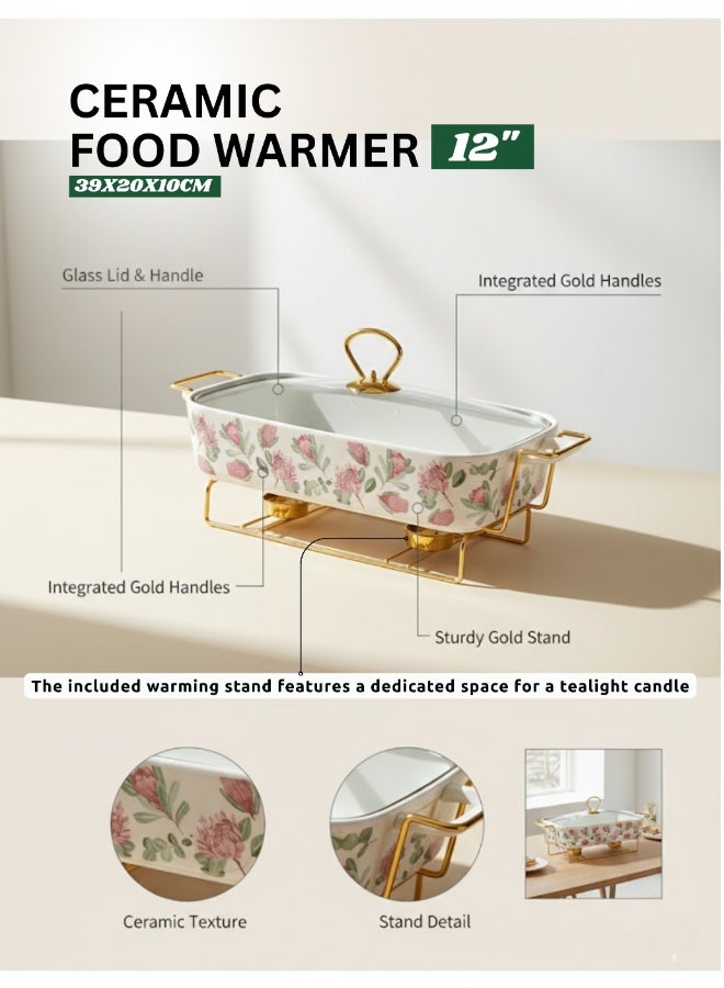 FEELINGS Ceramic Food Warmer ,Ceramic Chafing Dish with Lid & Gold Warming Stand, 12-Inch – SD-61211-P - Image 5